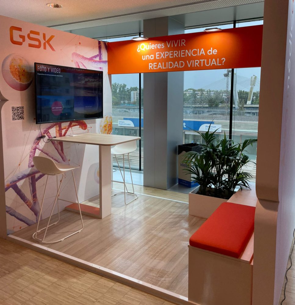 Stand en congreso AEV 2022 celebrado en Lleida para GSK. Fabricación y montaje del stand en congreso, de la mano de Grupo Arte