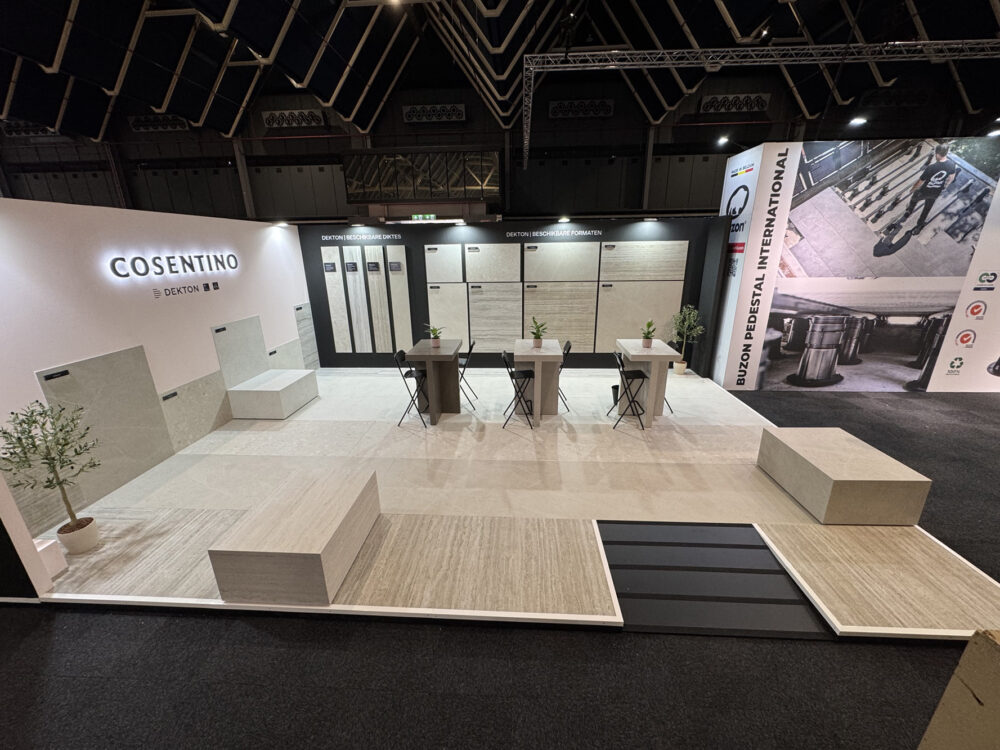Fabricación y montaje Stand para COSENTINO - en la feria internacional BOUWBEURS 2025 celebrada en Utrech, a cargo de Grupo Arte